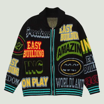 Уличная одежда, Вязаные свитера с надписью Harajuku, Граффити, Мужские хип-хоп, Оверсайз, Свободный Повседневный Пуловер на молнии, Унисекс, Модные топы 2021